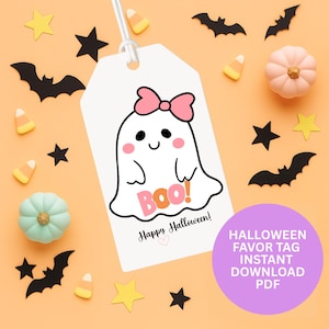 Etiqueta de presente para a turma Boo Cute Girl Ghost Happy Halloween para impressão, sacolas de guloseimas de Halloween rosa pastel para meninas, etiquetas de presente para a turma Ghoul imagem 1