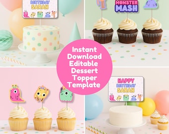 Niedliche Mädchen Monster Geburtstag Cupcake Toppers, Girly Monster Mash Kuchen Toppers, bearbeitbare Pastell Monster druckbare Dessert Picks Partyzubehör