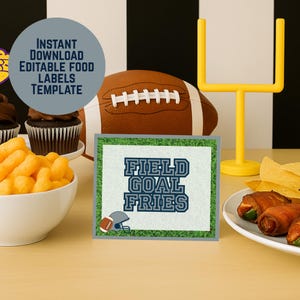 Può includere: Un'esposizione per feste a tema calcistico con un cartello che recita "FIELD GOAL FRIES". Il cartello è circondato da erba verde e presenta un pallone da football e una grafica a casco. Un pallone da football, pali della porta e snack completano la scena.