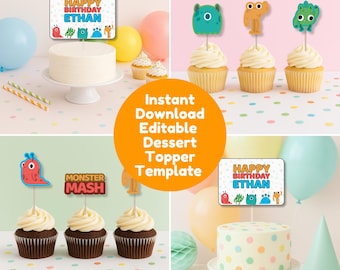 Niedliche Kinder Monster Geburtstag Cupcake Toppers, Monster Mash Party Dekorationen, druckbare Monster Cake Toppers, bearbeitbare Geburtstagsparty Zubehör