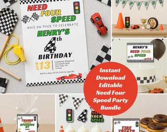 Decoraciones para fiesta de cumpleaños de autos de carreras: Invitación, pancarta y adornos editables (descarga digital)