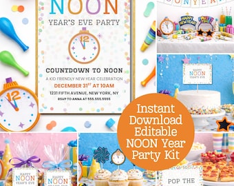 May include: A colorful NOON Year's Eve party kit with invitations, decorations, and treats. The invitation features the text "NOON Year's Eve Party" and "Countdown to Noon." The kit includes a banner that says "Happy Noon Year!" and party favors.