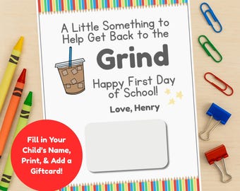 Back to School Lehrer Geschenkkartenhalter druckbar, Zurück zum Grind Erster Schultag Kaffeekarte, bearbeitbarer Geschenkanhänger für Lehrer
