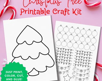 Puede incluir: Un kit de manualidades de árbol de Navidad imprimible con instrucciones para imprimir, colorear, cortar y pegar. El kit incluye un contorno de árbol, adornos, luces y otras decoraciones festivas.