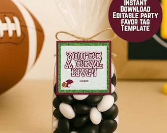 Etiquetas de recuerdo para el día del partido de fútbol americano "Eres un verdadero MVP", color granate y blanco, etiquetas editables e imprimibles para fiesta de portón trasero de fútbol americano universitario profesional, inicio del partido de fútbol americano
