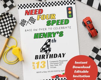 Race Car Birthday Invitation, Need For Speed Party Invite, Editable Race Track Birthday, Instant Download, Fourth Birthday, Boy Party