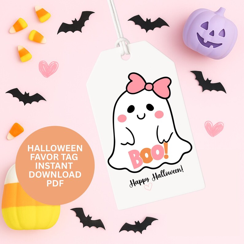 Etiqueta de presente para a turma Boo Cute Girl Ghost Happy Halloween para impressão, sacolas de guloseimas de Halloween rosa pastel para meninas, etiquetas de presente para a turma Ghoul imagem 3