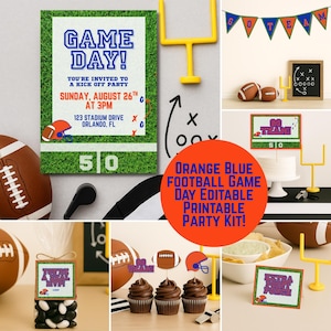 Pacchetto festa di football arancione e blu, materiale stampabile modificabile per il football, kit di decorazioni per il portellone posteriore del football universitario, decorazioni per feste sportive