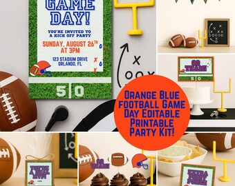 May include: A collage of football-themed party supplies. Includes a "Game Day" invitation, pennant banner, footballs, goal posts, and cupcake toppers. The color scheme is orange, blue, and green, with the text "Orange Blue Football Game Day Editable Printable Party Kit!"