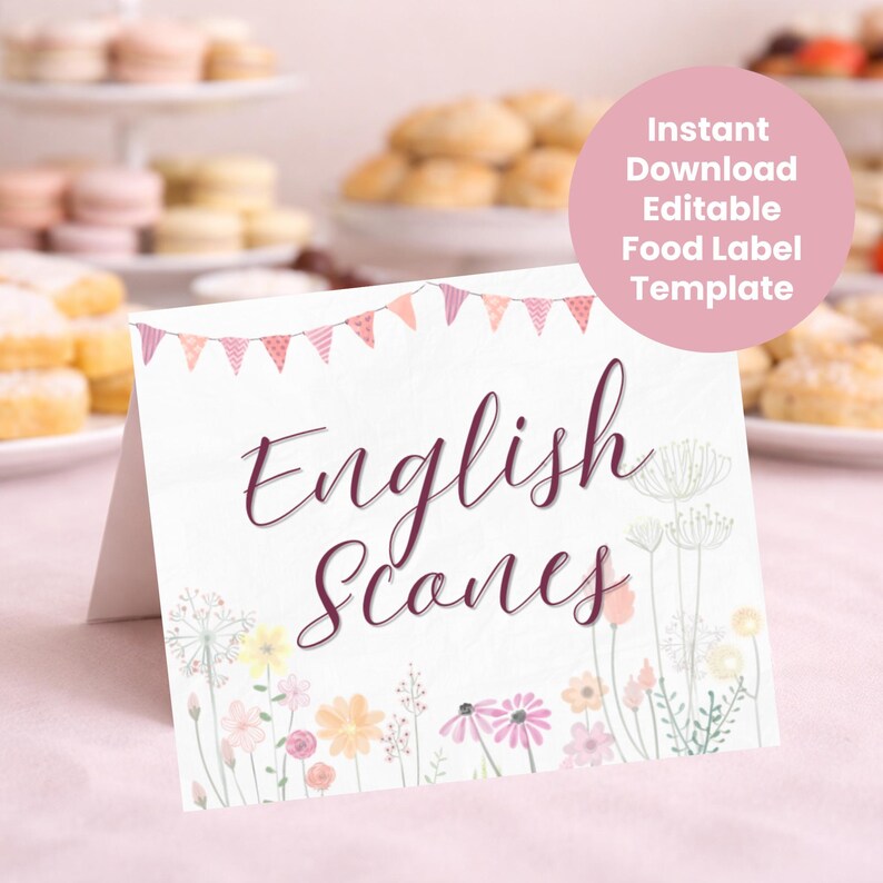 Scone Labels Garden Tea Party Food Labels, Editable Floral Watercolor Buffet Cards ...