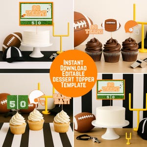 Football Cupcake & Cake Toppers, Editable Game Day Party Decor, College Pro Football Orange and White Printable Sports Tailgate Party