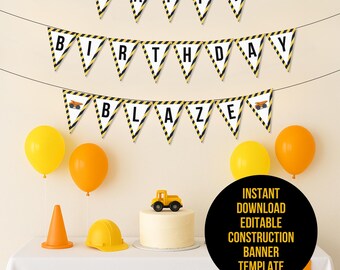 May include: A construction-themed birthday party setup with yellow and orange balloons, a cake topped with a toy truck, and a banner that says "Happy Birthday Blaze." Includes a traffic cone and a construction hat.