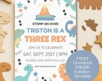 May include: A light-colored invitation with a dinosaur theme. The text reads "Stomp on Over, Triston is a Three Rex." The invitation includes a volcano, dinosaurs, stars, and the text "Join us to celebrate." The invitation is an instant download template.