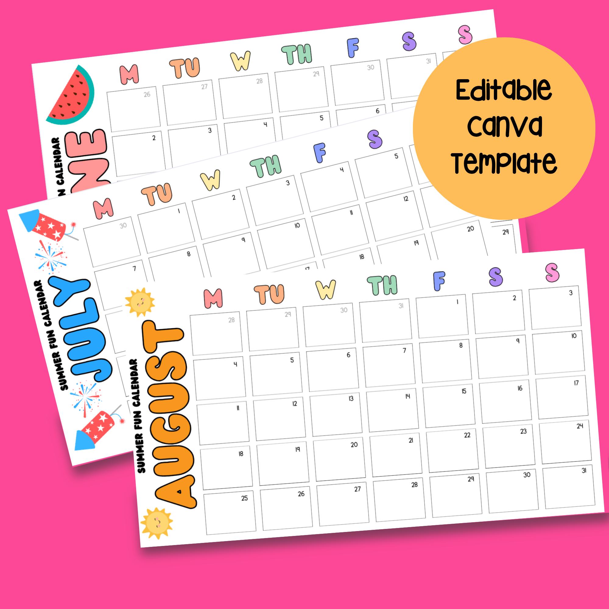 Editable Summer Fun Calendar Canva Template, Kids' Summer Activity ...