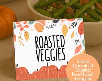 Bearbeitbare Friendsgiving-Lebensmitteletiketten, Canva Thanksgiving-Buffetkarten, Herbstparty-Tischkarten zum Ausdrucken