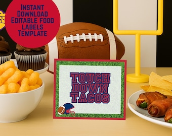 May include: A football-themed party display featuring a football, a yellow goalpost, and a sign that reads "Touch Down Tacos." The sign has a football and helmet graphic. A red circle with text is also visible.