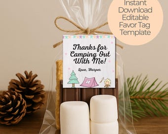 Girl Camping Birthday Favor Tags, Editable Campout Party Treat Bags, S’mores Kit Glamping Party Favors, Outdoor Birthday Treat Bag Tags