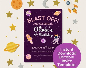 Inbjudan till flickas rymdfödelsedag, inbjudan till fest i yttre rymden, mall för otrolig födelsedag, utskrivbar astronaut-galaxflickfödelsedagsfest