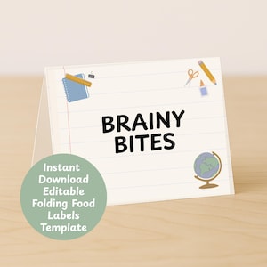 Cartes d'étiquettes pour le buffet de la rentrée scolaire, étiquettes pliantes modifiables, enseignes de table imprimables, étiquettes pour la fête de la rentrée scolaire, modèle Canva