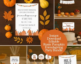 May include: A collection of fall-themed party decorations and invitations. The image features pumpkins, leaves, and floral accents. Text includes "Friendsgiving" and "Mac & Cheese" signs, cupcake toppers, and a party invitation. The overall color scheme is orange and brown.