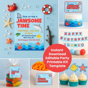 Shark Birthday Party Printables, Jawsome Pool Party Decorations, Editable Shark Theme Party Bundle Kit, Under the Sea Instant Download Party
