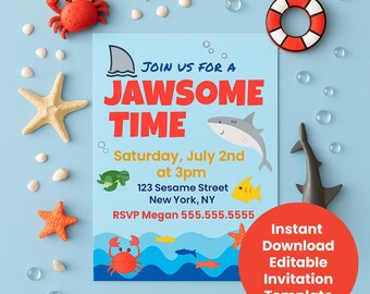 Shark Themed Pool Party Invitation Editable Template, Jawsome Time Birthday for Kids Canva Template, Customizable Under the Sea Invite