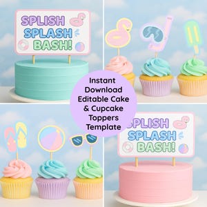 Tårt- och muffinsdekorationer till poolparty: Splish Splash sommarfödelsedag (digital nedladdning)