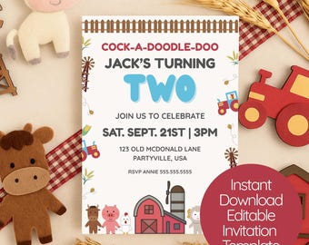 Farm 2nd Birthday Invitation: Tractor Barnyard Theme (Digital Download)