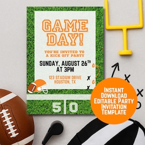 Game Day Football Invitation, Orange White Editable Party Invite, Kickoff Tailgate Party Printable, College Pro Game Day Customizable Invite