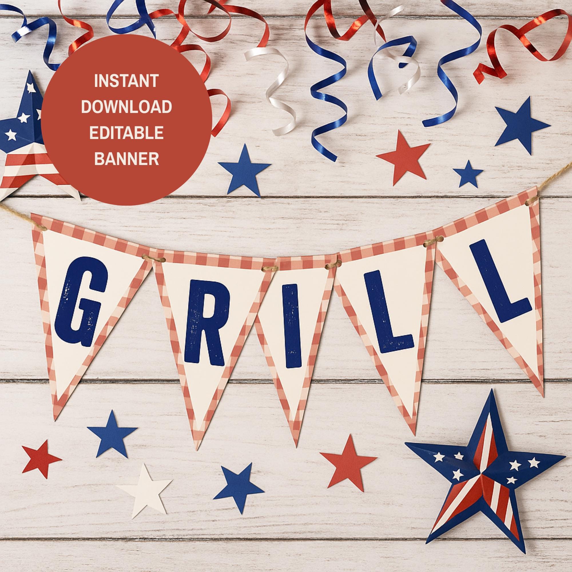 GRILL BBQ Gingham Banner Printable, Editable 4th of July Cookout ...