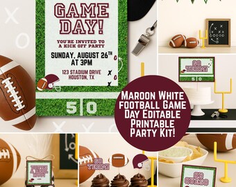 May include: A collection of football party decorations in maroon and white. Features an invitation with the text "Game Day!", American footballs, cupcakes, and signs. The kit is designed for a kick-off party.