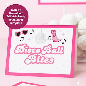 Disco Cowgirl Essen Zelt Karten, Mädchen wollen nur Spaß Party Etiketten haben, rosa Western Geburtstag druckbare, bearbeitbare Canva Sofort-Download