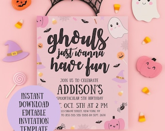 Modelo de convite digital Canva "Ghouls Just Wanna Have Fun", convite para festa de aniversário com tema de Halloween em tons pastel para meninas, Halloween rosa