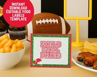 May include: A football-themed food label with the text "FIELD GOAL FRIES" in red, a football and helmet graphic, and a green border. A football, yellow goal post, and snacks are in the background.