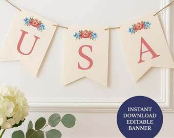 4th of July USA Banner Printable, Elegant Patriotic Party Decor, Editable Canva Template, Instant Download, Fourth of July Decorations