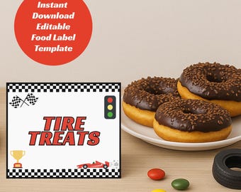 Puede incluir: Una etiqueta de comida con temática de carreras con las palabras "Tire Treats" en rojo y gráficos de carreras. Donuts de chocolate con chispas están en un plato. Un círculo rojo con texto blanco dice "Instant Download Editable Food Label Template".