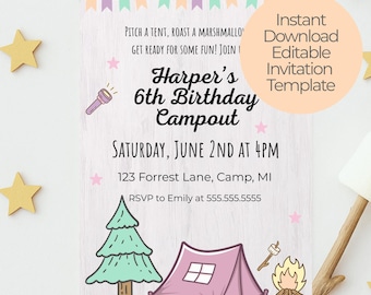 Girl Camping Birthday Invitation, Editable Campout Birthday Party Invite, Pink Tent Campfire Party Invitation, Outdoor Camping Theme Invite