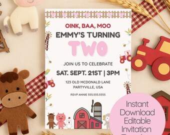 Pink Farm 2nd Birthday Invitation: Barnyard Animals, Editable Template (Digital Download)