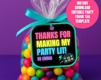 May include: A cellophane bag filled with colourful gumballs, tied with a teal ribbon. A black tag with the text "THANKS FOR MAKING MY PARTY LIT!" and "XO EMMA" is attached. A pink circle reads "INSTANT DOWNLOAD EDITABLE PARTY FAVOR TAG TEMPLATE."