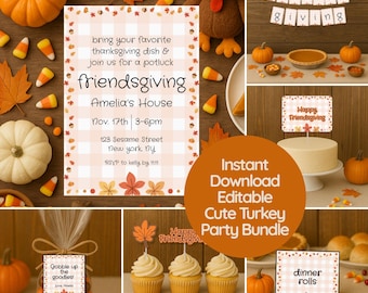 May include: Thanksgiving-themed party bundle with invitations, cupcake toppers, and other decorations. The invitation reads "Friendsgiving" and includes event details. Pumpkins, candy corn, and fall leaves are scattered around the items.