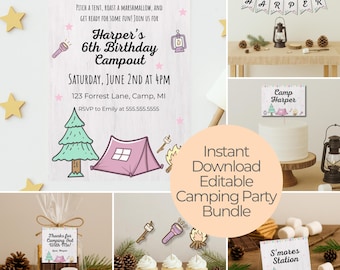 Girl Camping Birthday Party Decorations: Editable Pink Campout Bundle (Digital Download)
