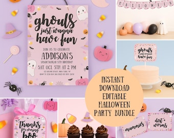 May include: A collection of Halloween party decorations and treats. Includes a pink invitation with the text "ghouls just wanna have fun", cupcakes, candy corn, and a cake with a topper. The theme is a spooky birthday party.