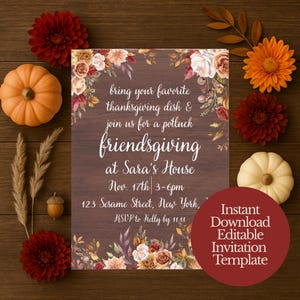 Friendsgiving Invitation Template: Editable Potluck Party Invite, Rustic Floral Thanksgiving Digital Download
