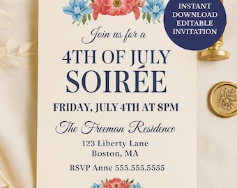 4th of July Soirée Invitation, Elegant Patriotic Party Invite, Editable Canva Template, Instant Download, Printable Fourth of July Party Kit