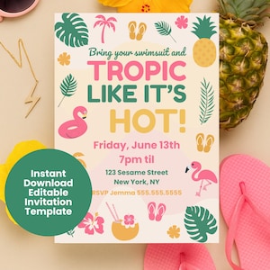Tropic Like It’s Hot Summer Pool Party Invitation, Tropical Summer Birthday Invite, Editable Canva Party Template, Tropical Theme Party