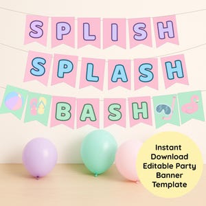 Banner de fiesta de salpicaduras, guirnalda de fiesta en la piscina en tonos pastel, decoración editable para fiesta de verano, banner de descarga digital para cumpleaños o fiesta en la piscina