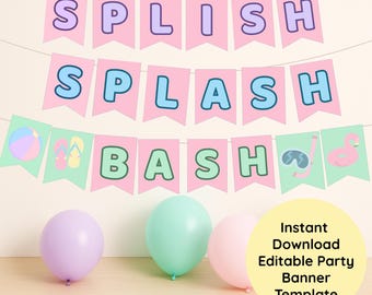 Splish Splash Bash-banner: pastelkleurige poolpartydecoratie (digitale download)