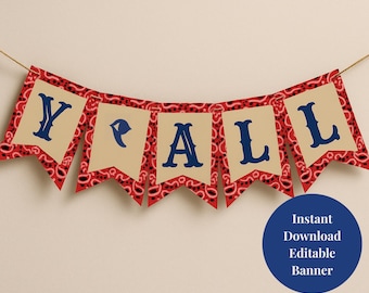 Western 4th of July Banner Printable, America Y’all Party Decor, Red White Boots BBQ Sign, Country Rodeo Garland, Instant Download