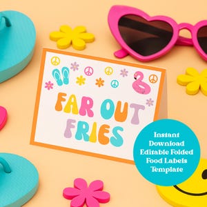 Etiquetas de comida editables y originales, tarjetas personalizables para fiestas en la piscina de los años 70, letreros de mesa de verano imprimibles, plantilla de Canva, descarga instantánea
