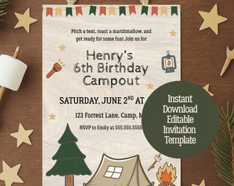 Rustic Camping Birthday Invitation: Editable Campout Party Invite (Digital Download